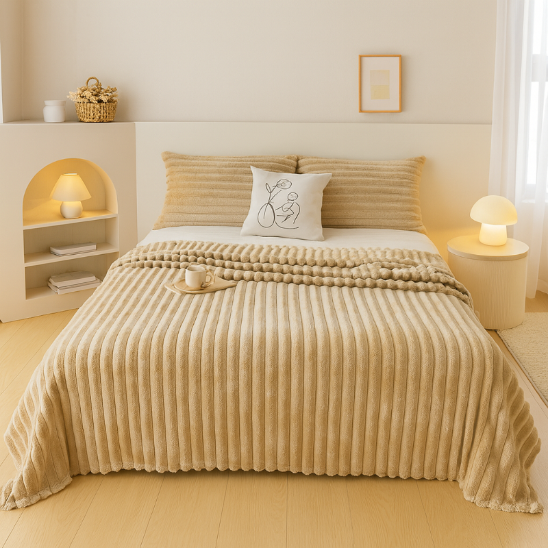 Soft beige striped flannel fleece blanket for bedroom or sofa use