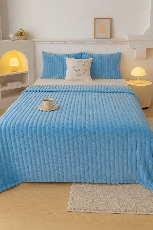 Soft blue striped flannel fleece blanket for bedroom or sofa use