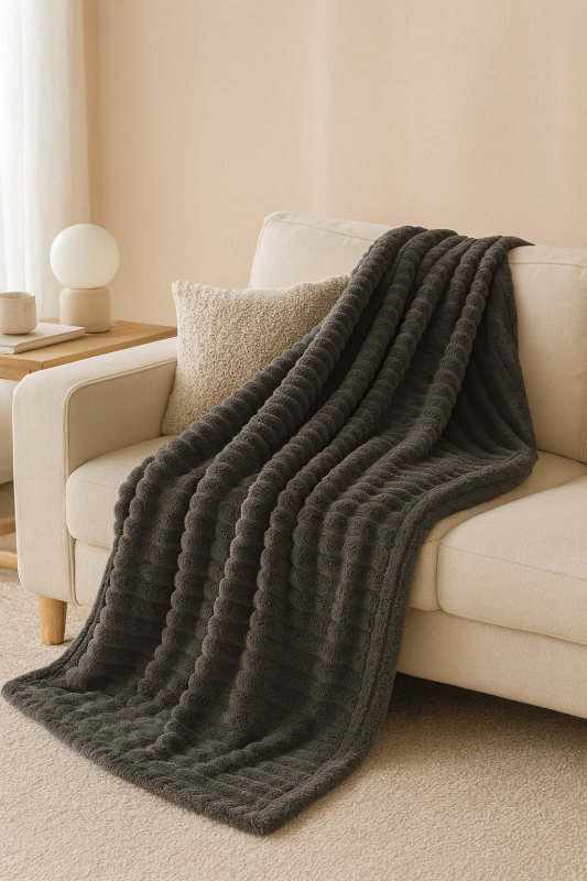 Striped flannel fleece blanket in white and grey – soft and lightweight throw for home comfort.